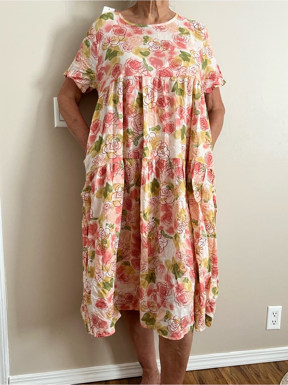 Floral Tiered Cotton Dress in Pink & Green